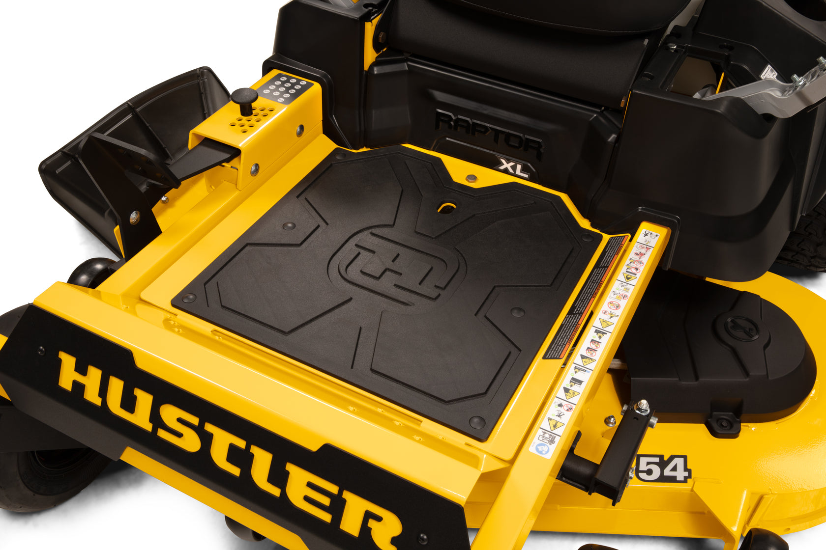 Close-up of a yellow Hustler lawn mower deck on a white background