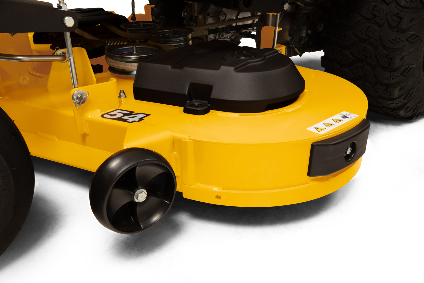 Close-up of a yellow lawn mower deck with black components on a white background