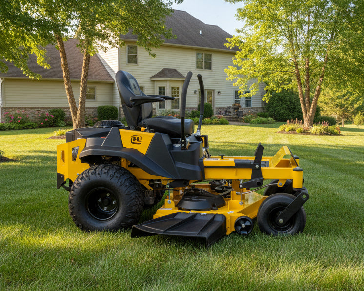 Yellow and black riding lawn mower on a white background