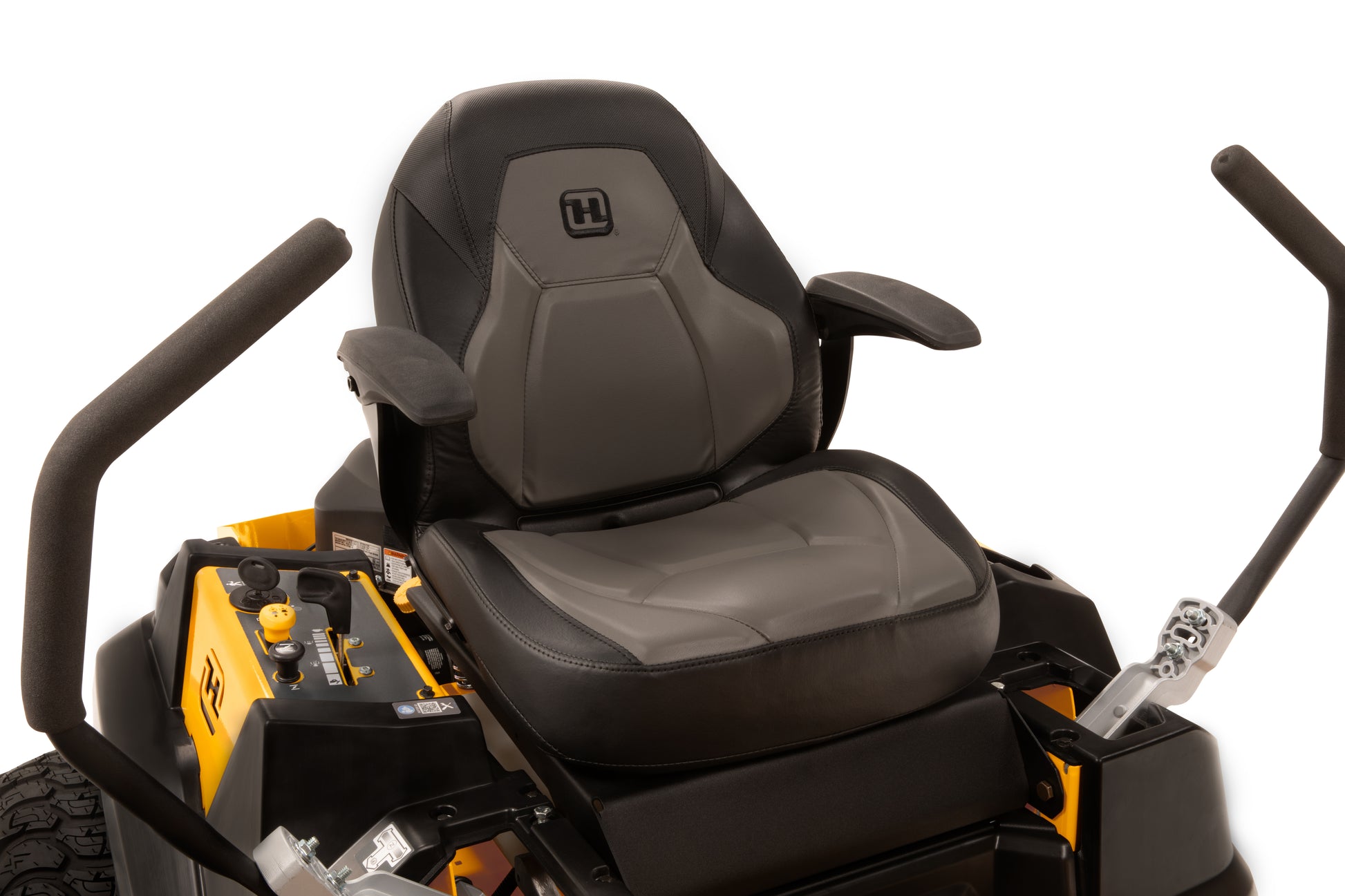 Mower seat with a visible brand logo on a white background