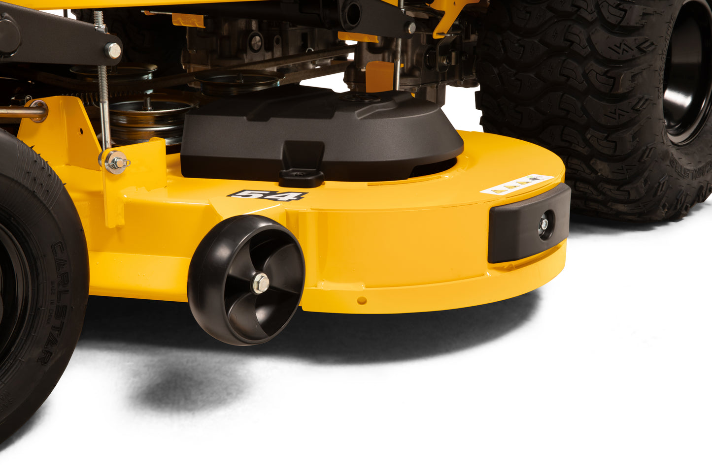 Close-up of a yellow lawn mower with black wheels on a white background