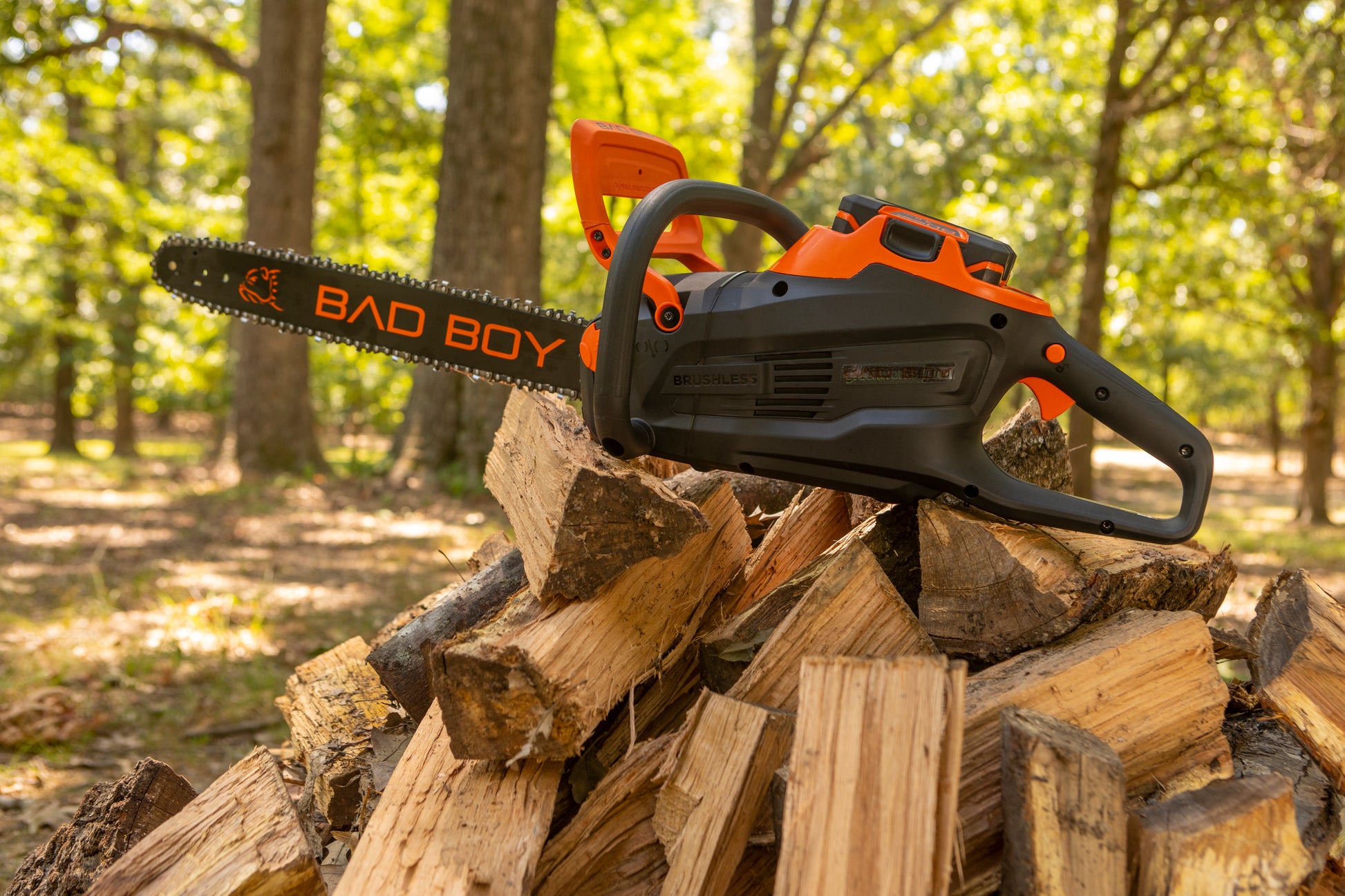 Bad Boy chainsaw on a pile of wood with a forest background