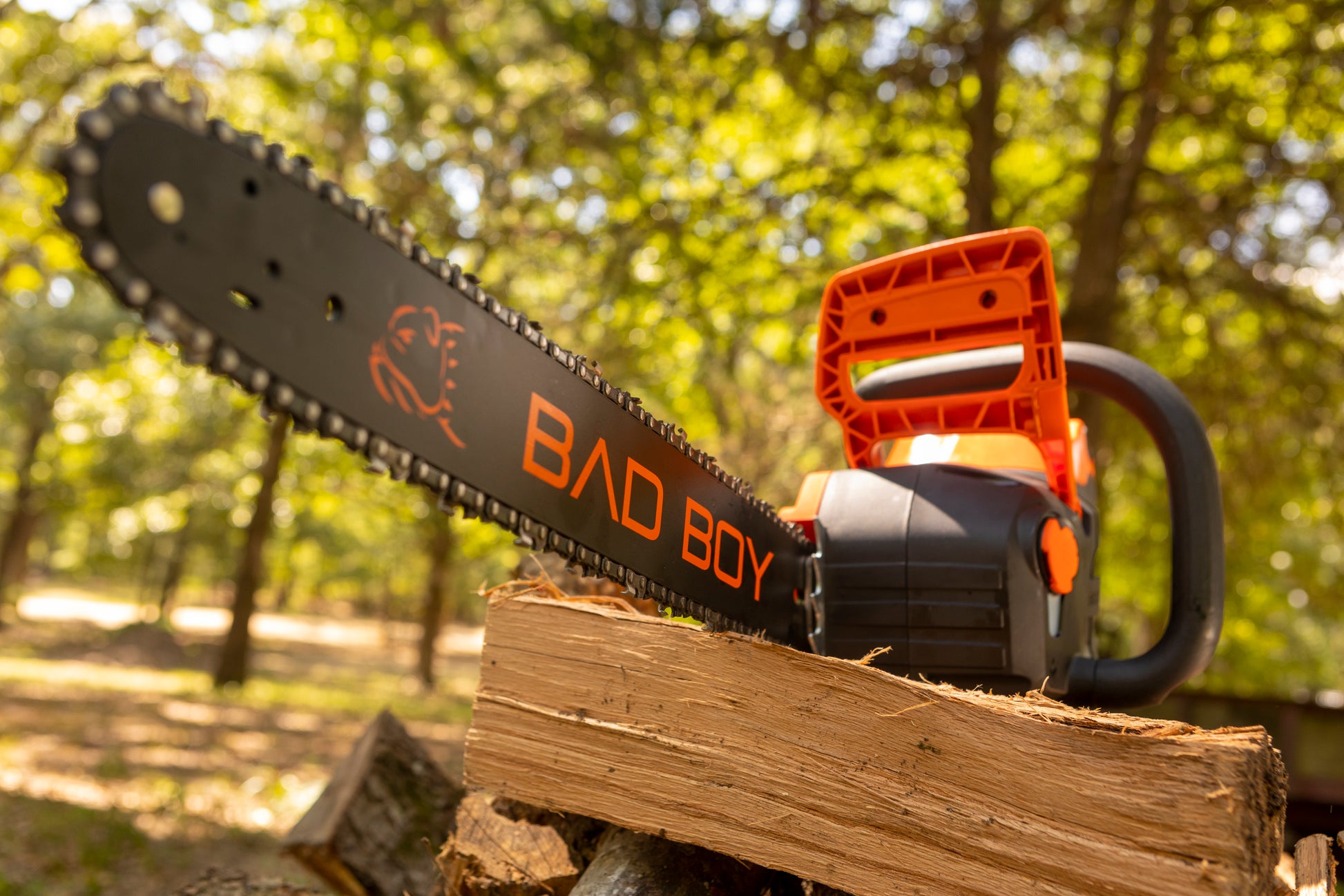 Bad Boy chainsaw on a log with a forest background