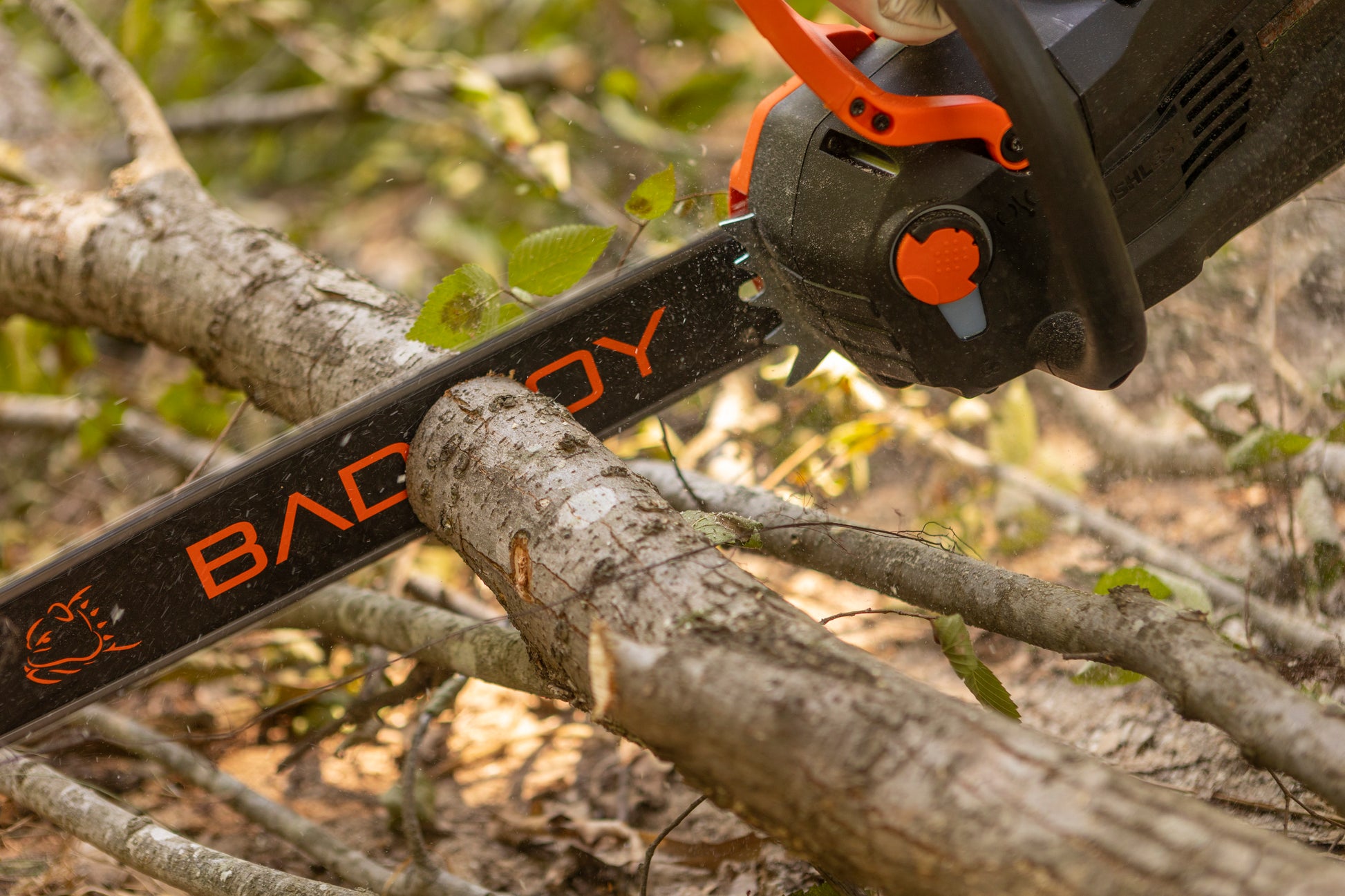 Tree trimmer cutting through a branch with a blurred natural background
