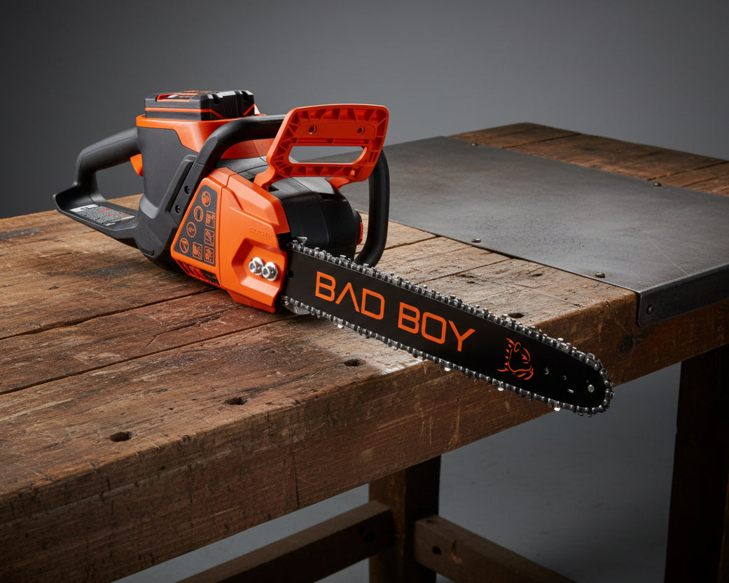 Orange and black chainsaw with 'Bad Boy' branding on a white background