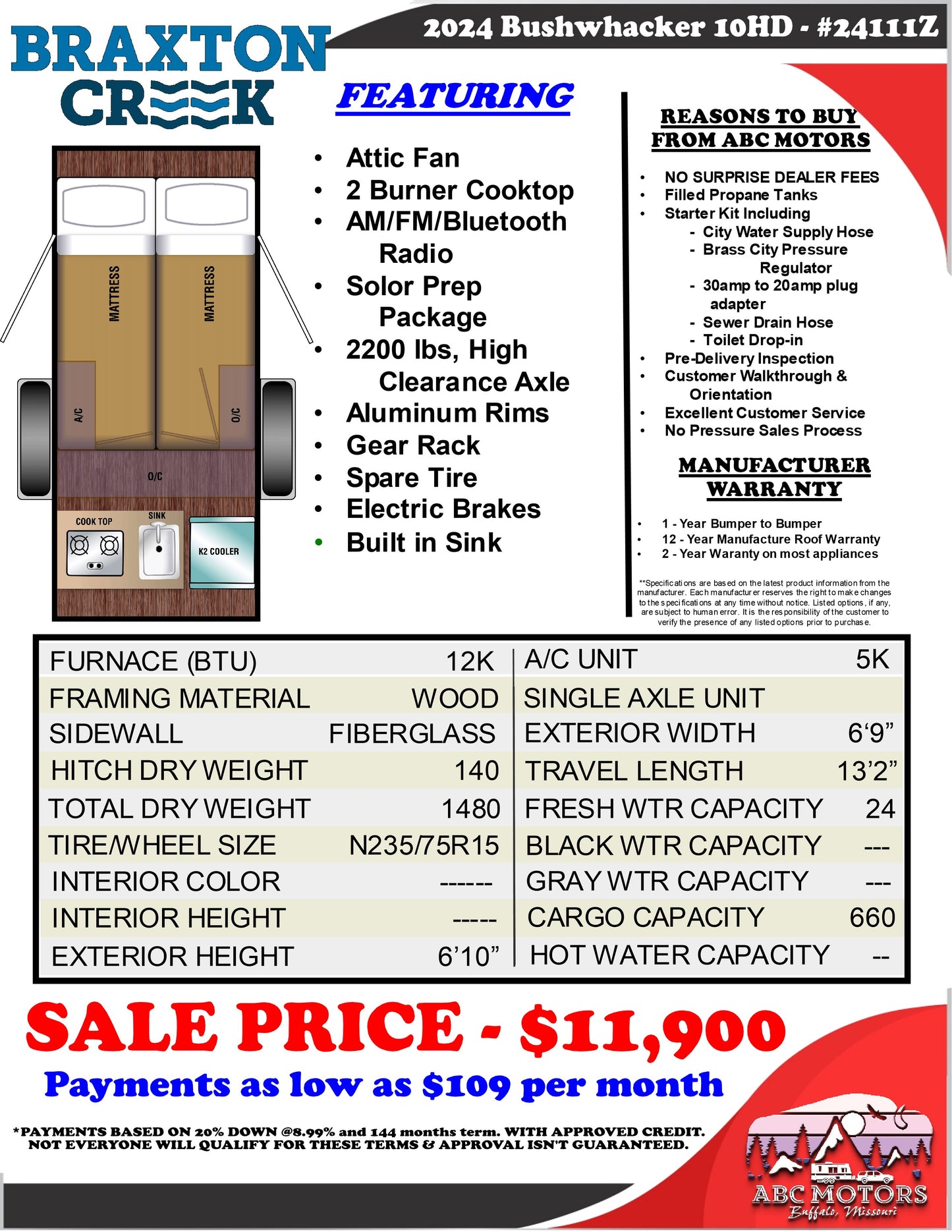 Braxton Creek Bushwhacker - 10HD Floorplan - Travel Trailer RV - 2024 Edition