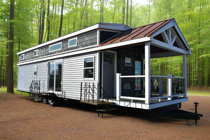 A travel trailer RV with white vinyl siding, a brown roof, and a front porch. It is parked on a lot with other RVs in the background.