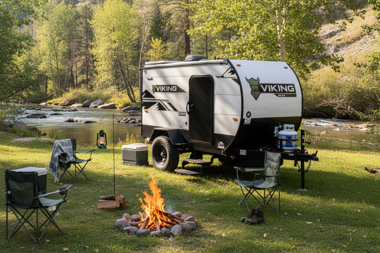 Viking trailer parked by a river with camping setup