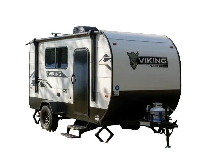 Small travel trailer with 'Viking' branding on a white background