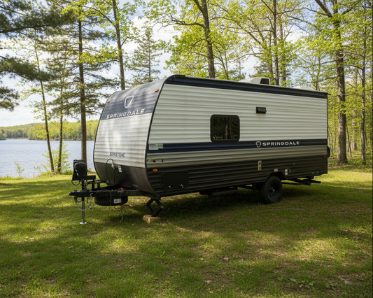 Springdale travel trailer parked on a grassy area with trees in the background