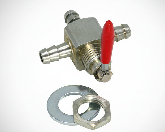 Metal valve with red handle and washer on a white background