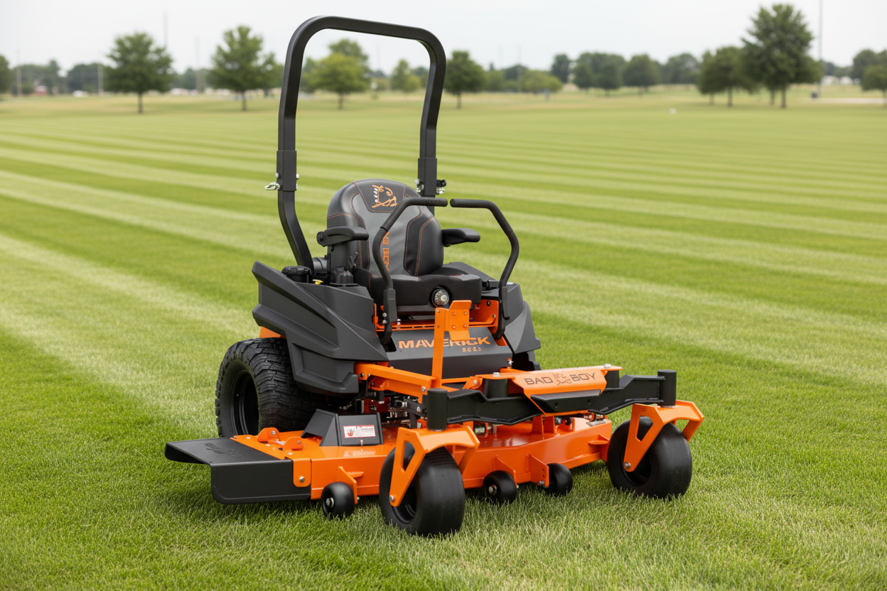 Orange and black zero-turn lawn mower on a white background