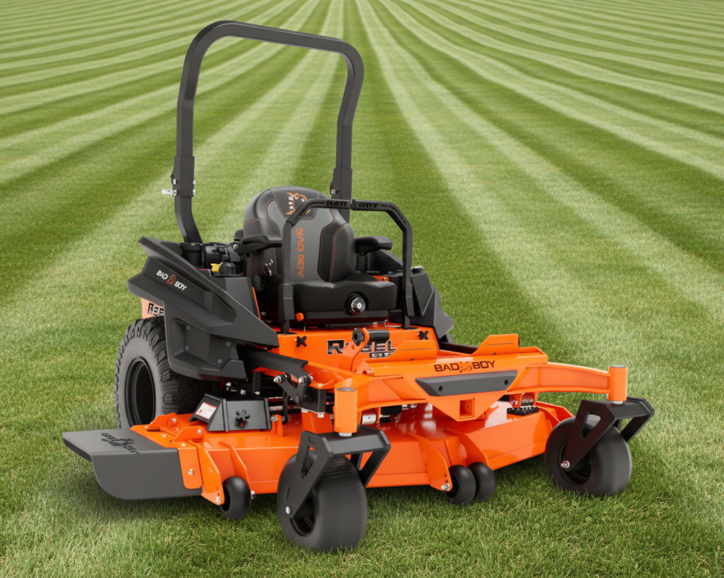 Orange and black zero-turn lawn mower on a grassy field