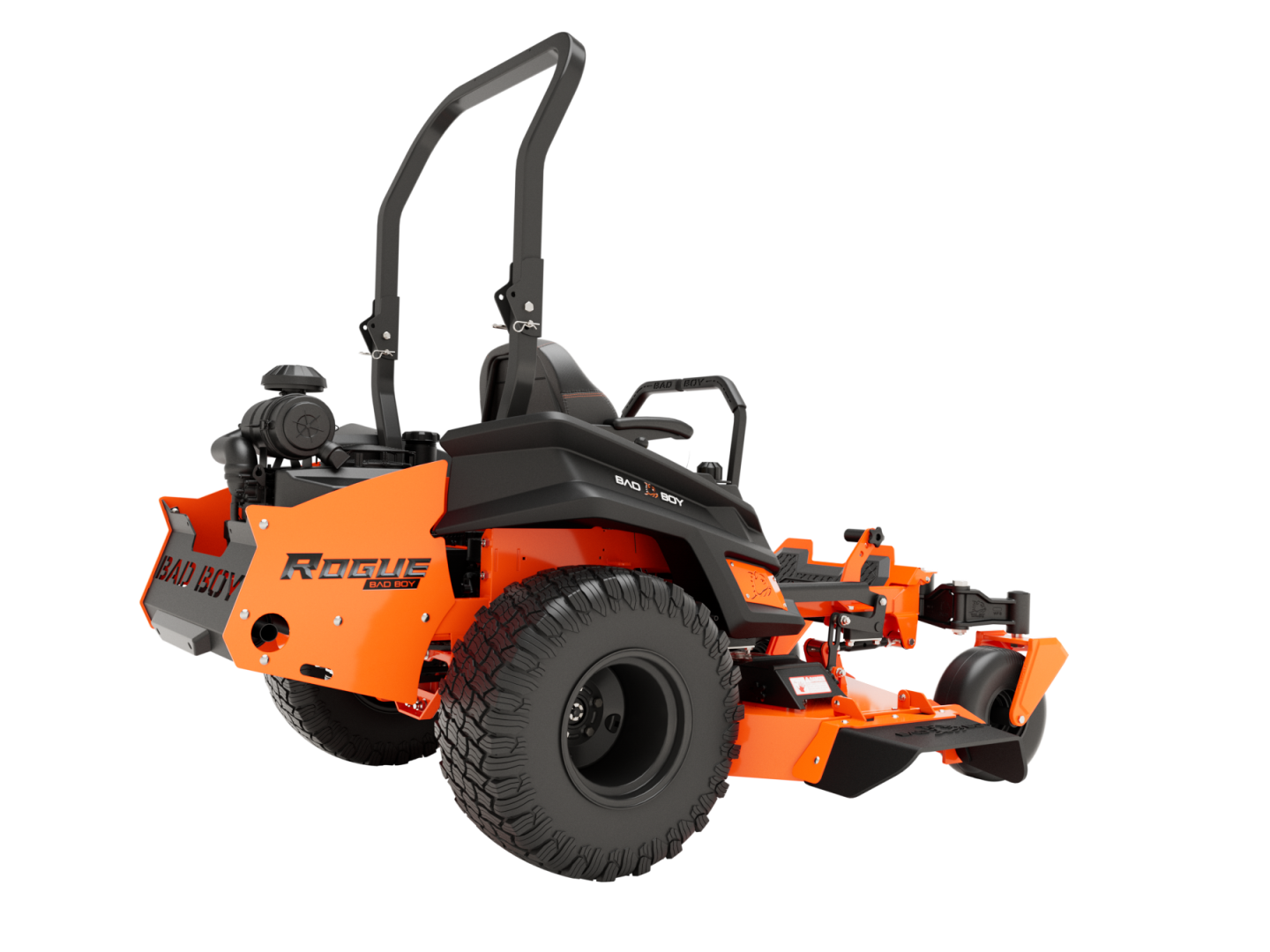 Orange and black lawn mower with 'Bad Boy' branding on a white background