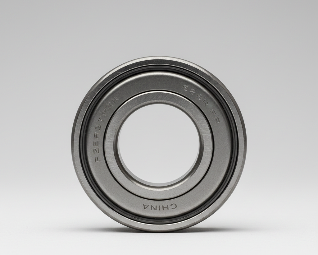 A close-up shot of a metallic ball bearing with visible inner and outer rings, a steel cage, and ball bearings