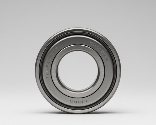 A close-up shot of a metallic ball bearing with visible inner and outer rings, a steel cage, and ball bearings