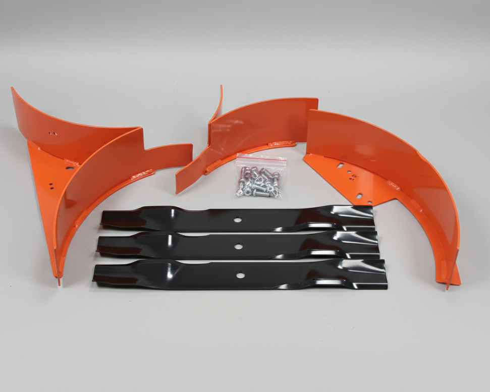 A set of agricultural or machinery parts laid out on a gray concrete floor, including three orange curved metal pieces, three black rectangular metal plates, a small clear plastic bag, and a white label at the bottom with the text '210-0154-50'.