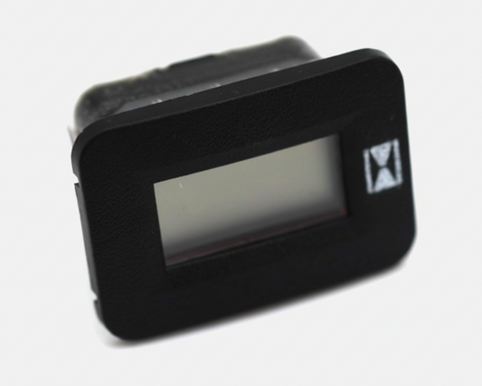 A black rectangular digital display module with rounded corners, featuring a blank gray screen and a small white hourglass icon on the right side, shown on a plain light background.