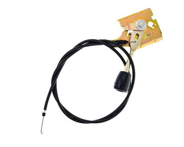 A mechanical cable assembly with a black coiled cable, a black plastic connector, and a gold metal bracket with a silver screw, shown on a plain white background.