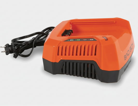 Orange and black battery charger on a white background