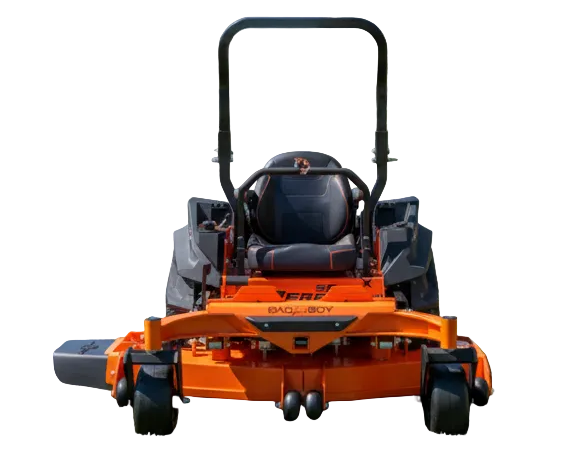 Orange zero-turn lawn mower on a white background