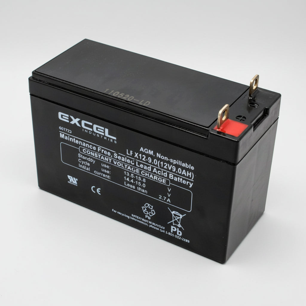 Black lead acid battery with Excel branding on a white background 607723