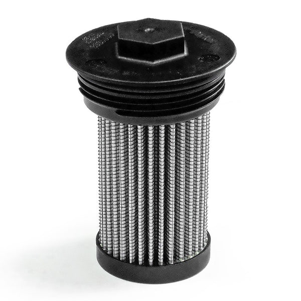 Metal filter with black plastic housing on a white background