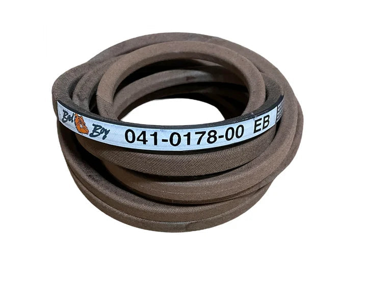 A coiled brown rubber belt with a white paper label wrapped around it, featuring the brand name 'Belt By' and a phone number, set against a plain white background.