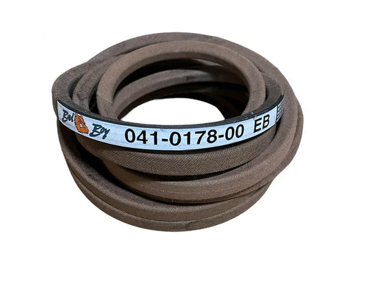 A coiled brown rubber belt with a white paper label wrapped around it, featuring the brand name 'Belt By' and a phone number, set against a plain white background.