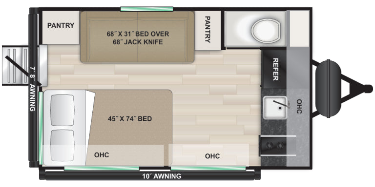 Floor plan diagram of a small living space with labeled areas.